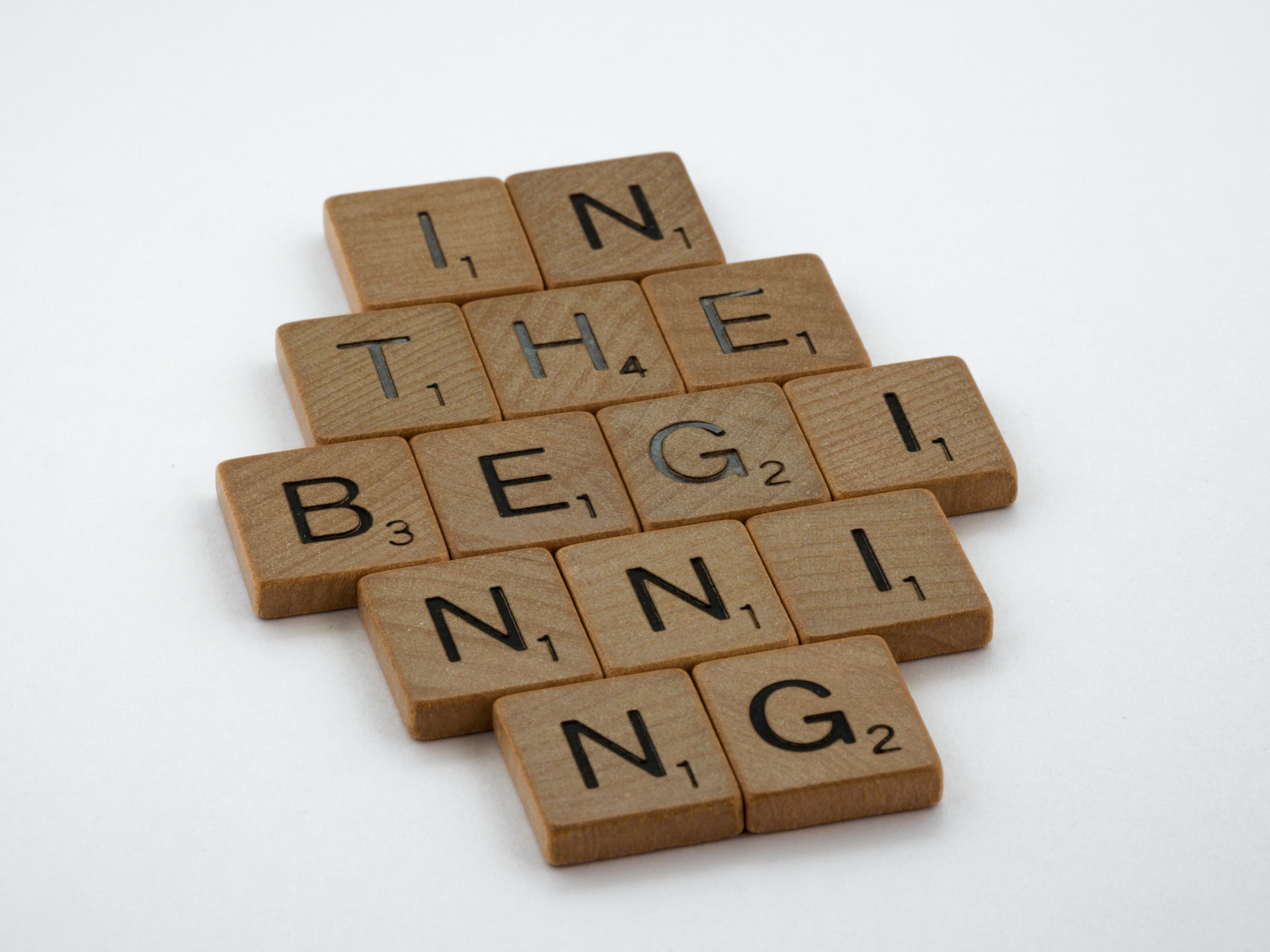 picture of scrabble tiles spelling out "in the beginning"